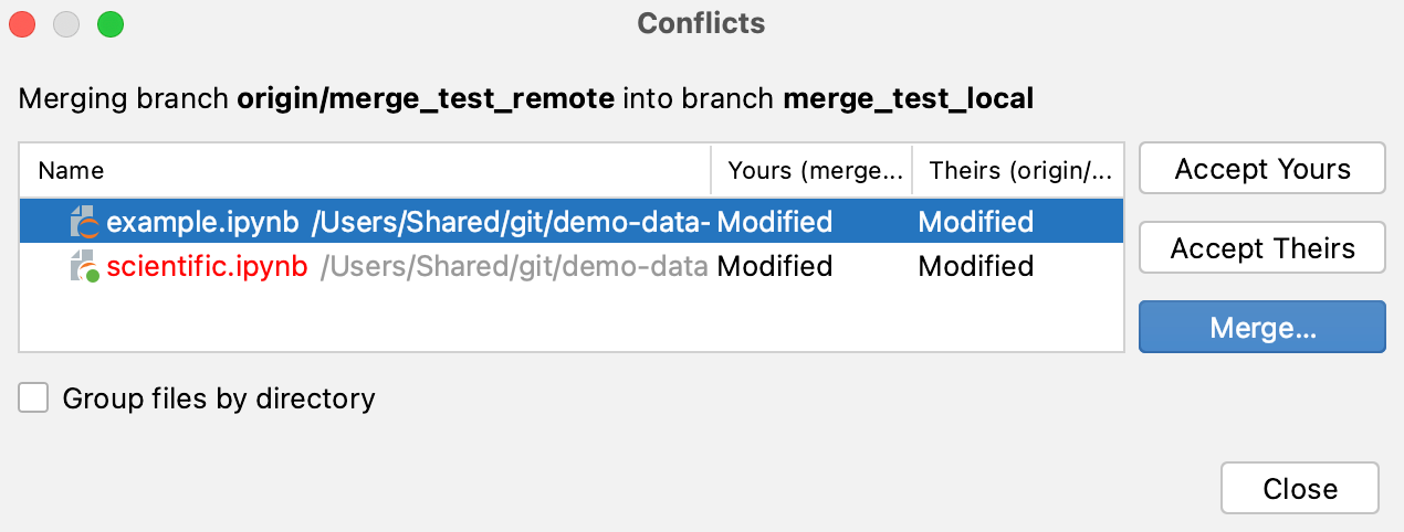 DataSpell: Git conflicts dialog