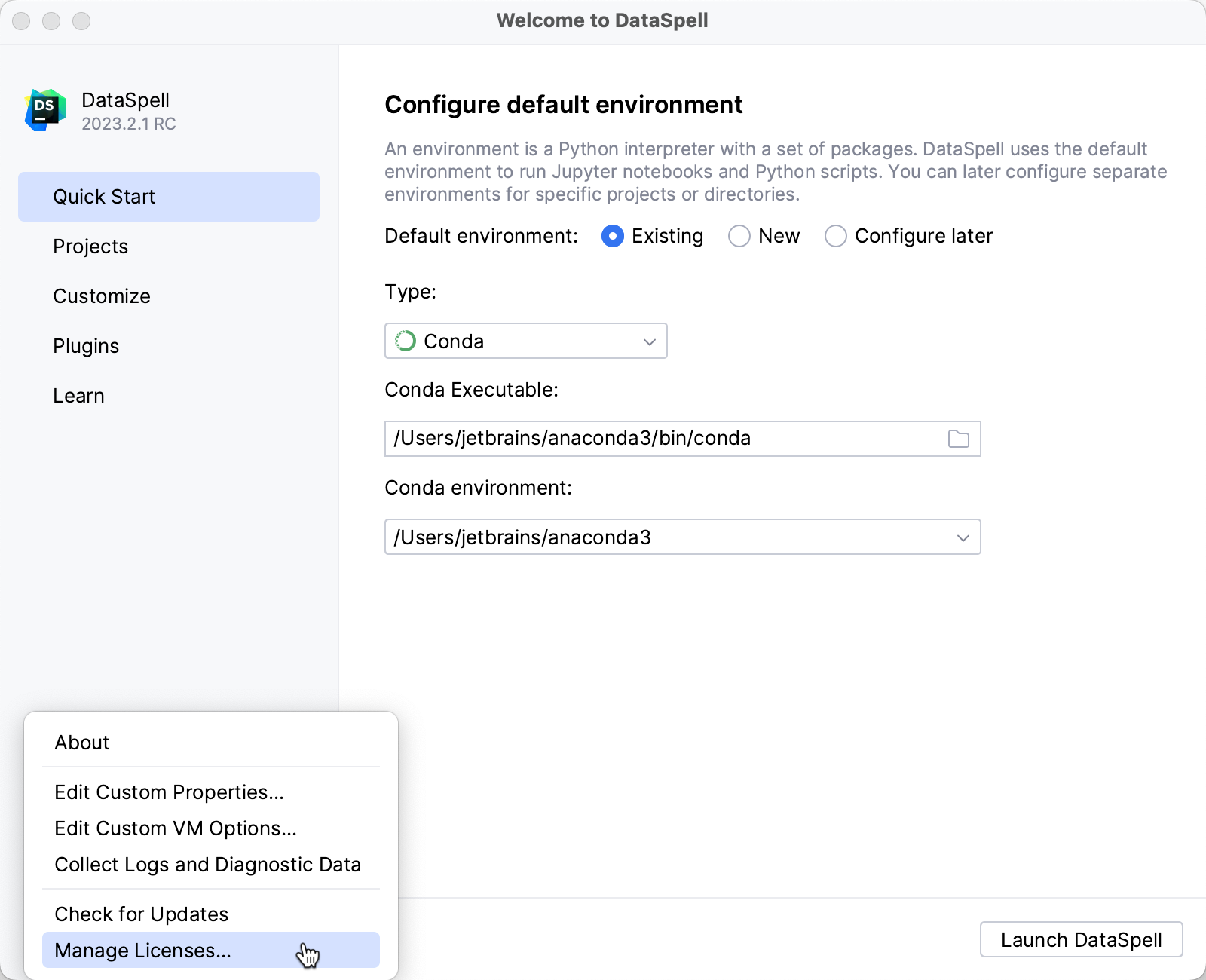 DataSpell: Licenses dialog