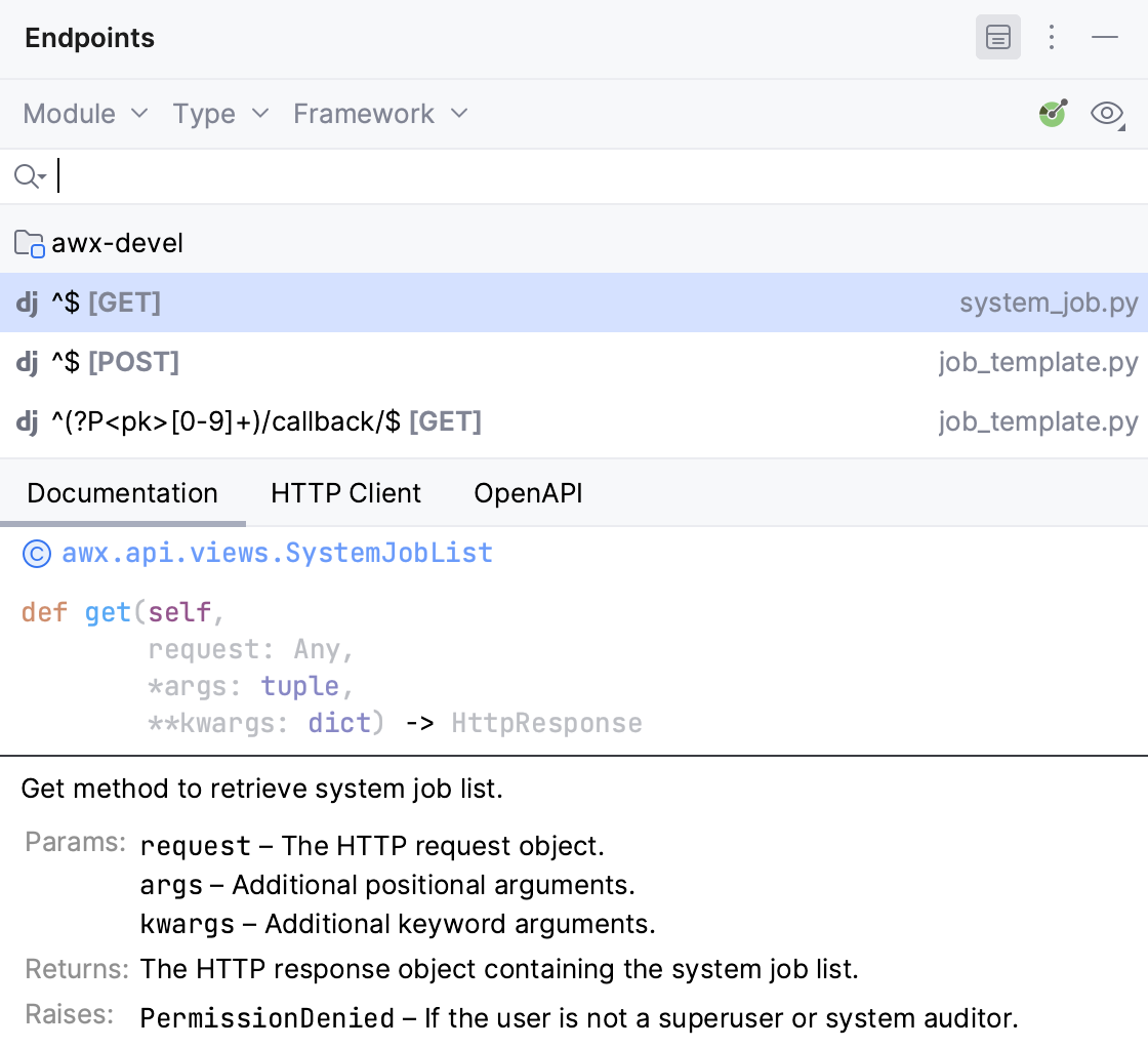 Endpoints tool window: Documentation tab