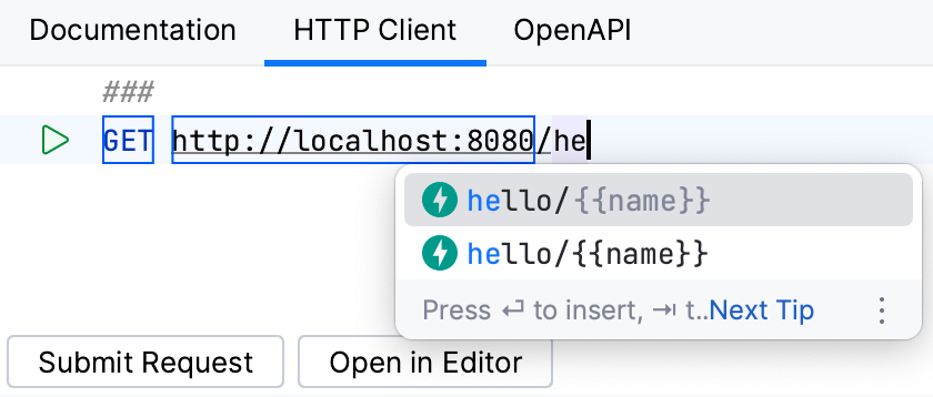 Code completion in the HTTP client