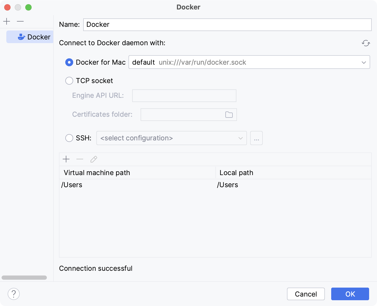 Docker connection settings