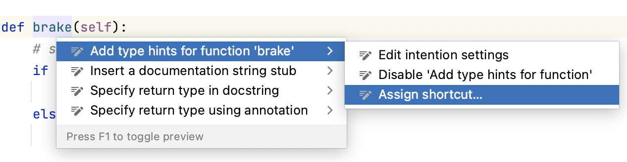 Assigning keyboard shortcut to intention action