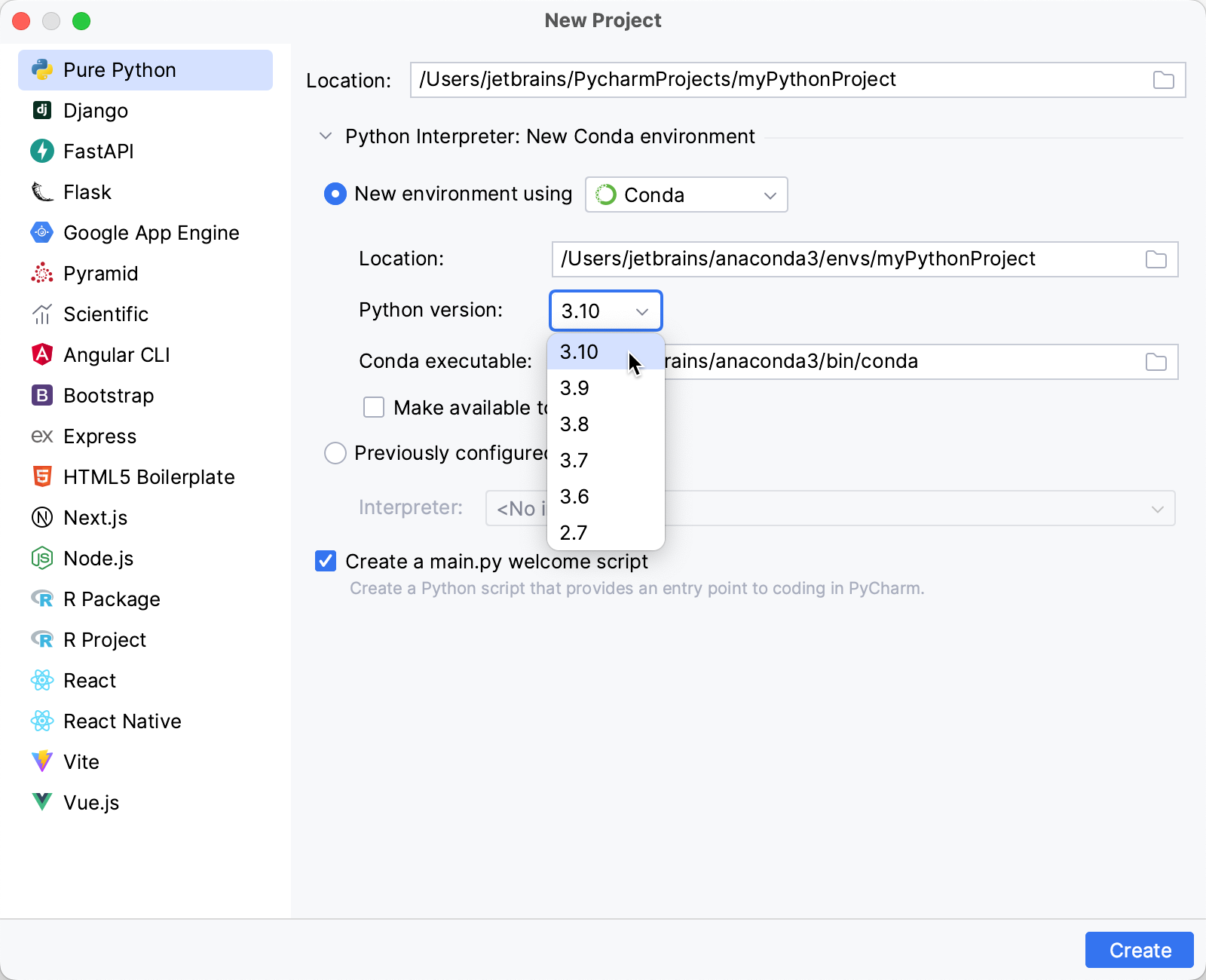 Create a project with a conda environment