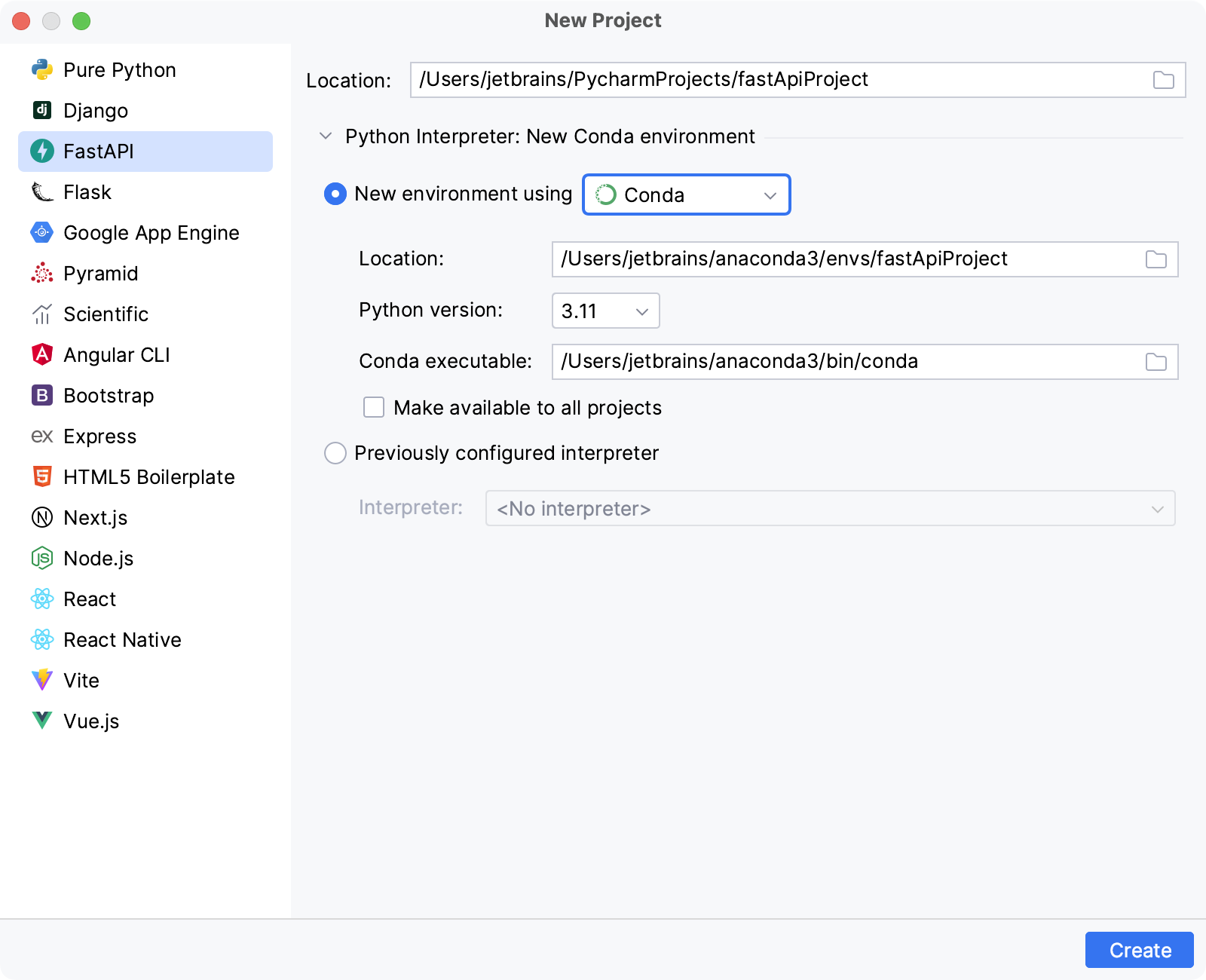 Create a project with a conda environment