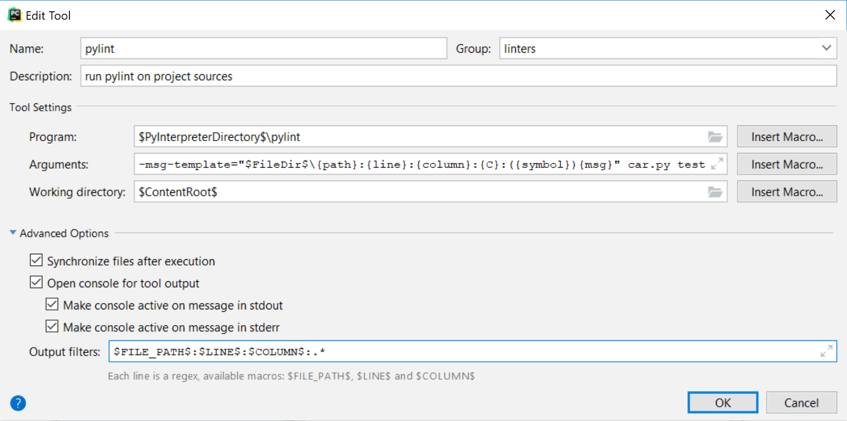 Configure pylint as an external tool