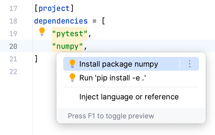 Quick-fixes for installing packages in pyproject.toml