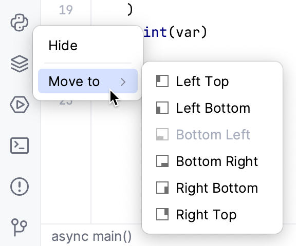 The context menu of the tool window icon