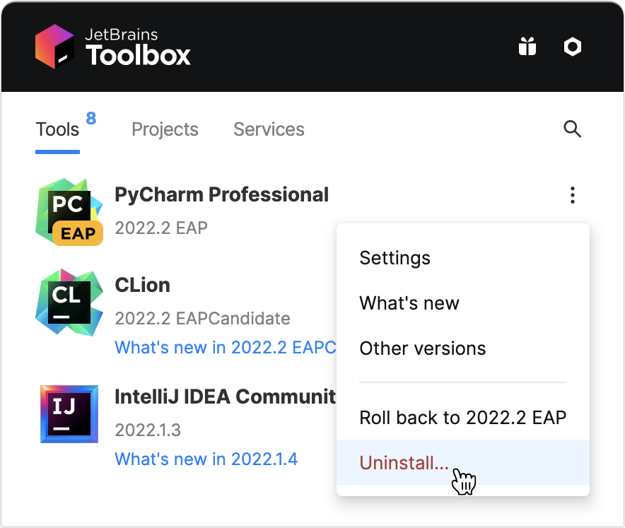 Uninstalling PyCharm through the Toolbox App