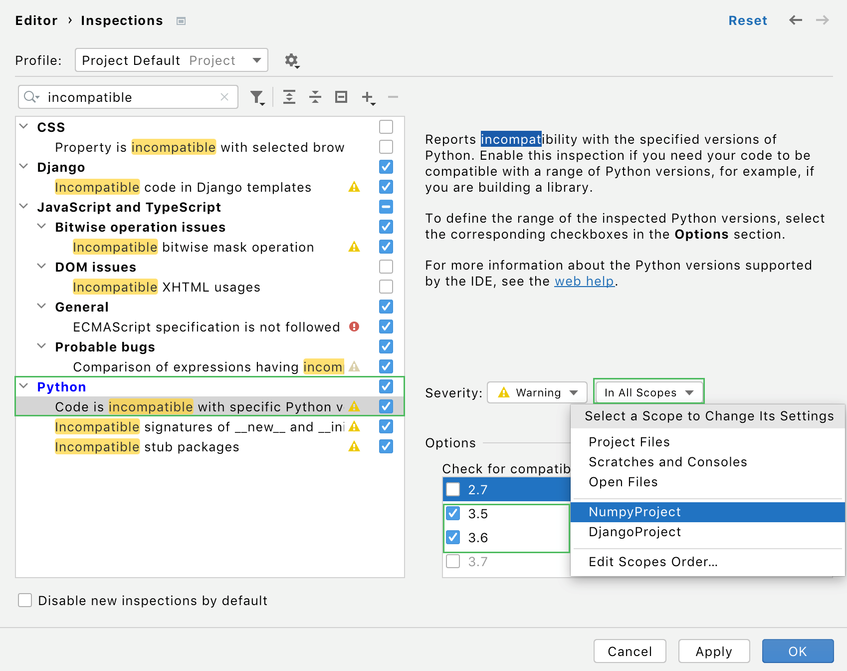 Use project-based scopes for Python compatibility inspections