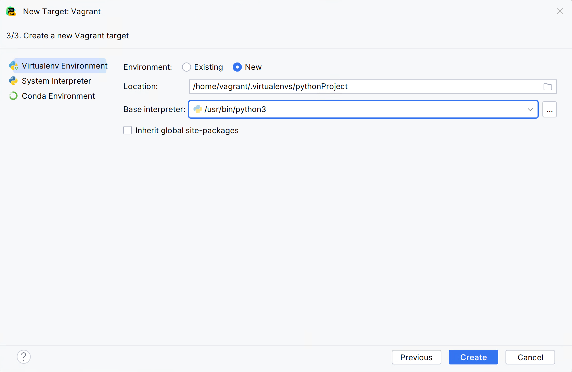 Virtual environment on a target Vagrant instance