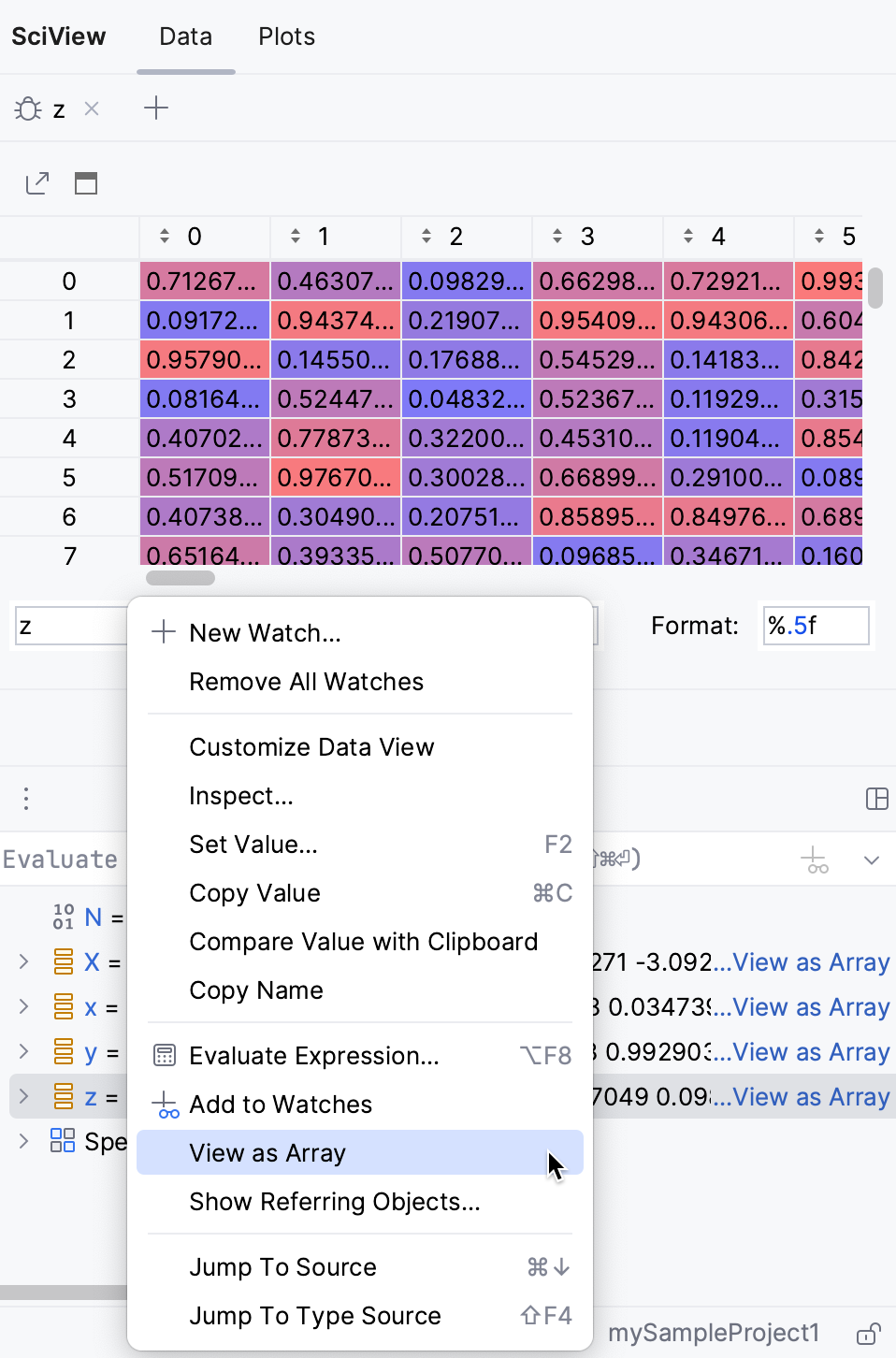 View array or data frame