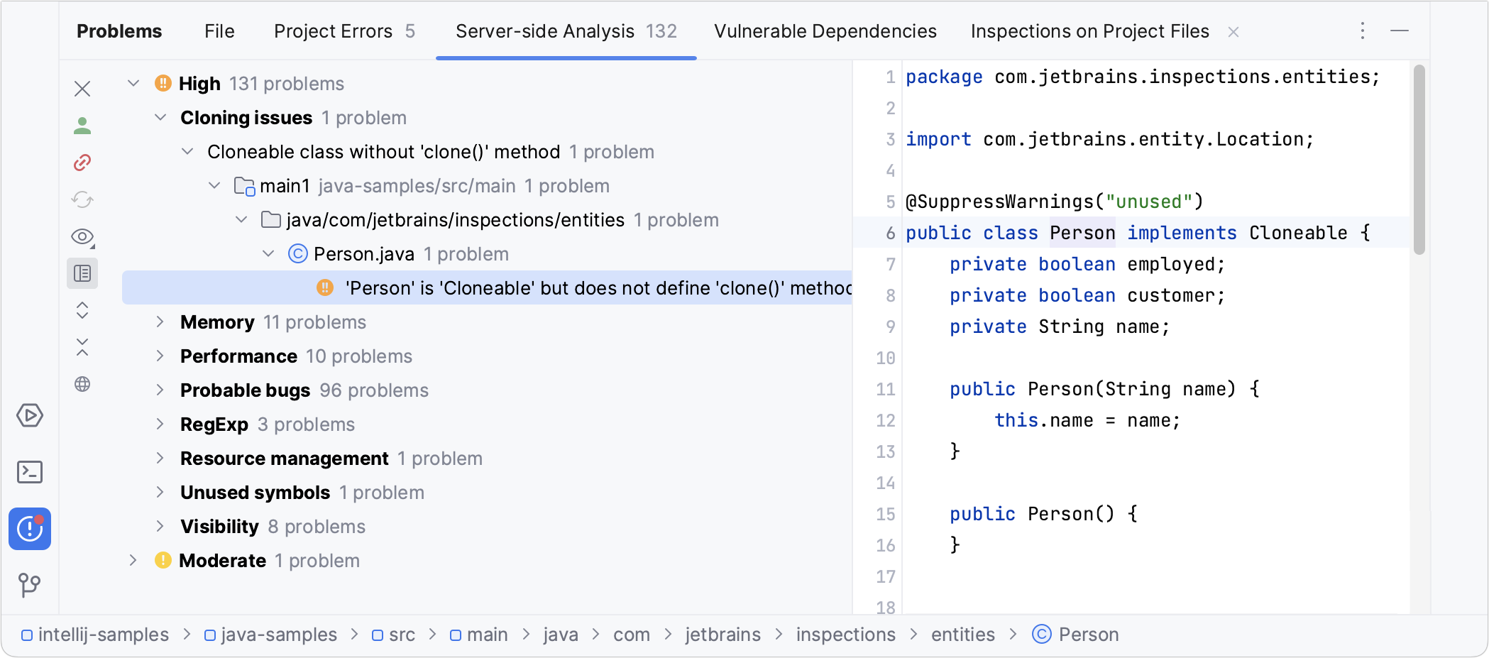 IntelliJ IDEA: Qodana inspection results in the Problems window