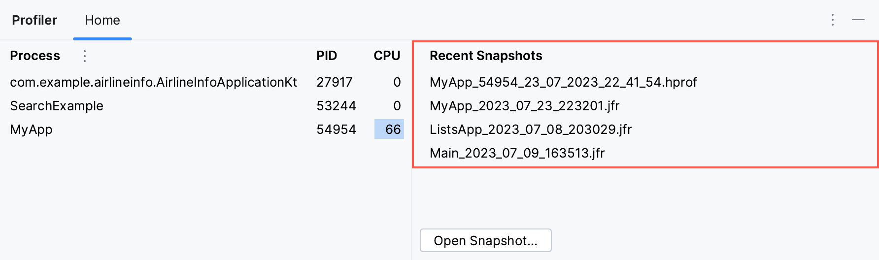 The Recent Snapshots panel in the Profiler tool window