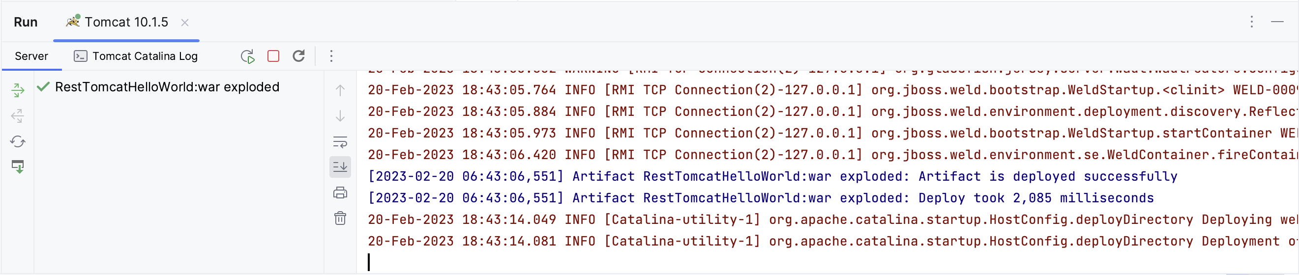 Started Tomcat server and deployed application in the Run tool window