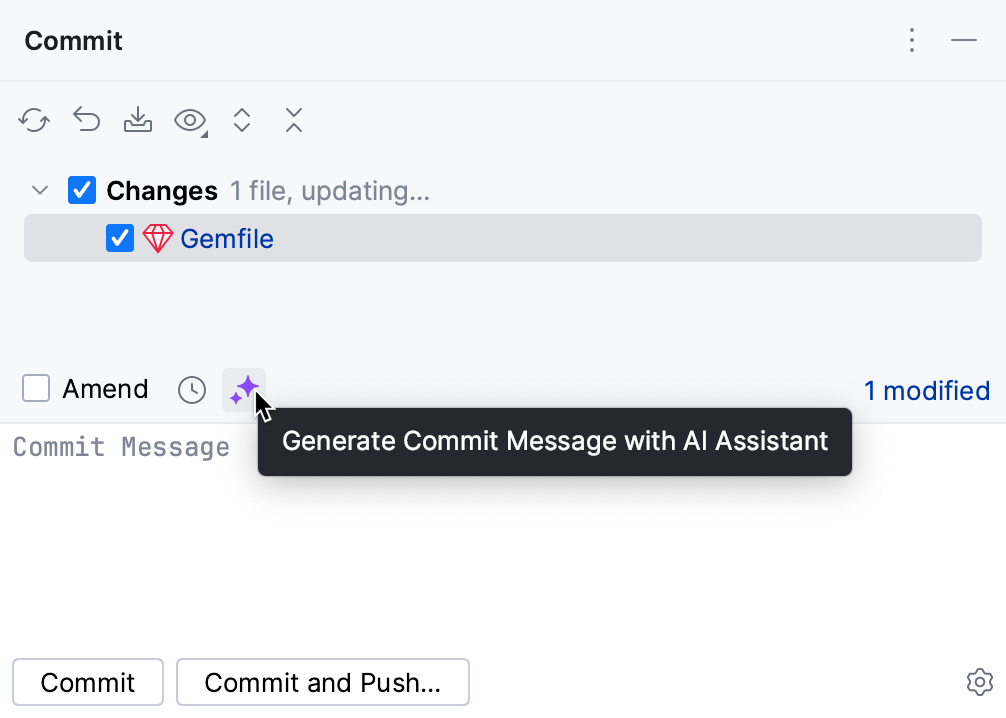 RubyMine: AI Assistant generates commit messages