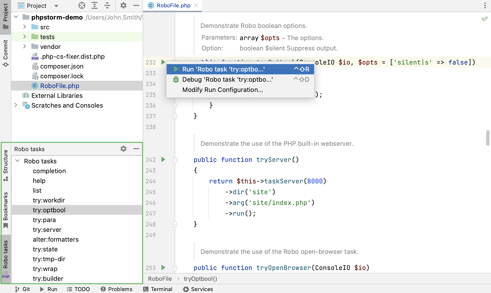 Robo overview in PhpStorm