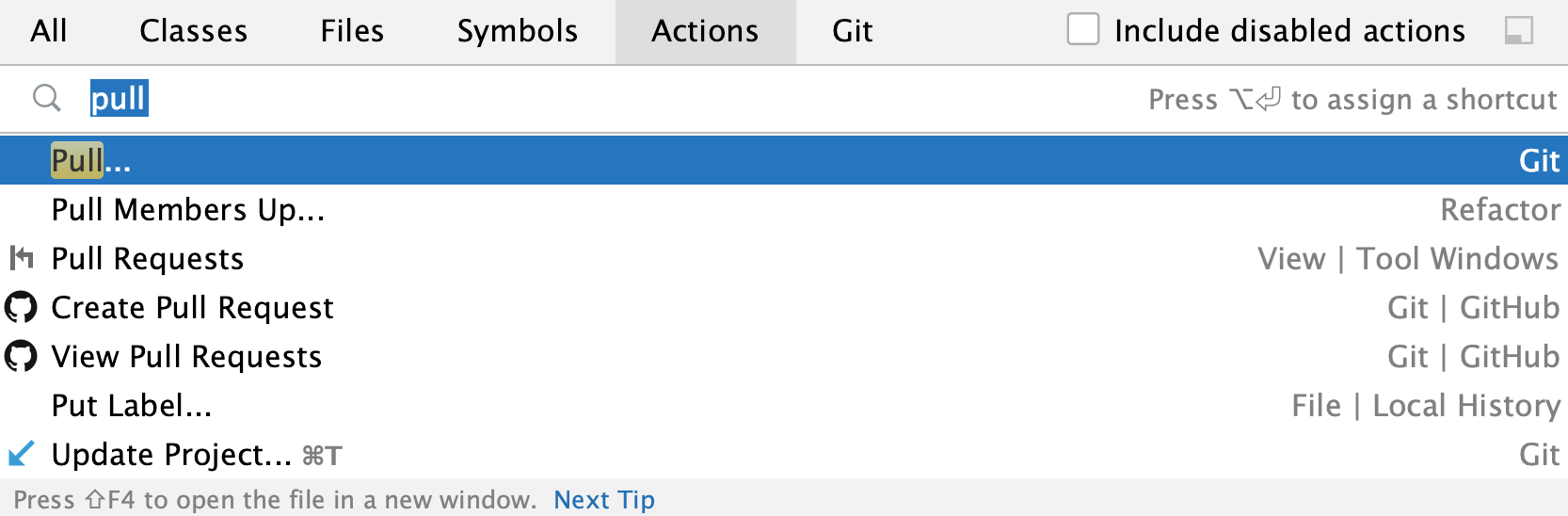 the Search Everywhere window: Pull action