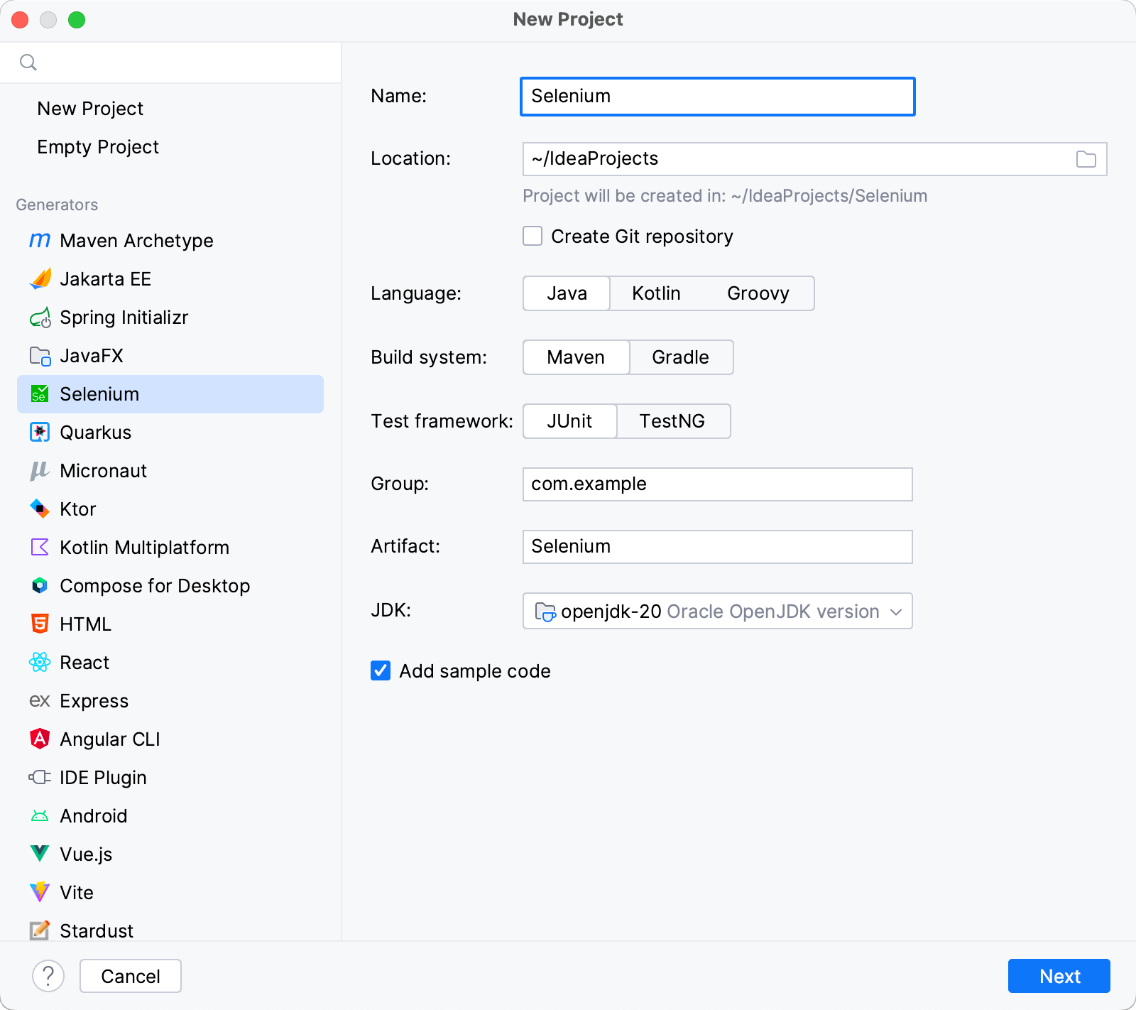 Creating a new Selenium project