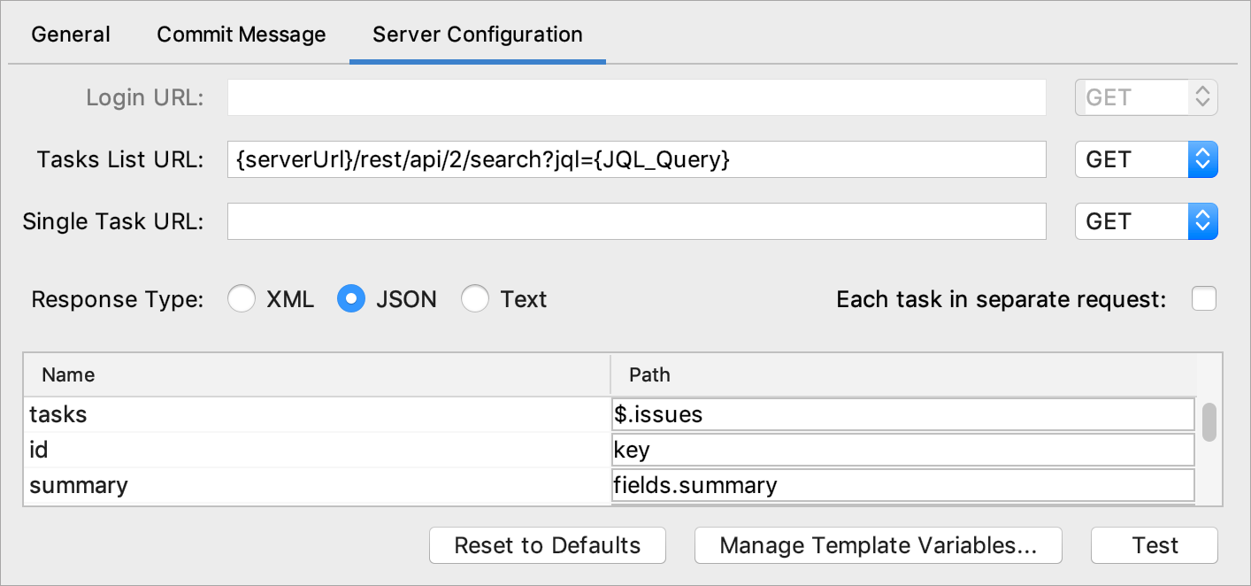 The Server Configuration tab shown in the settings