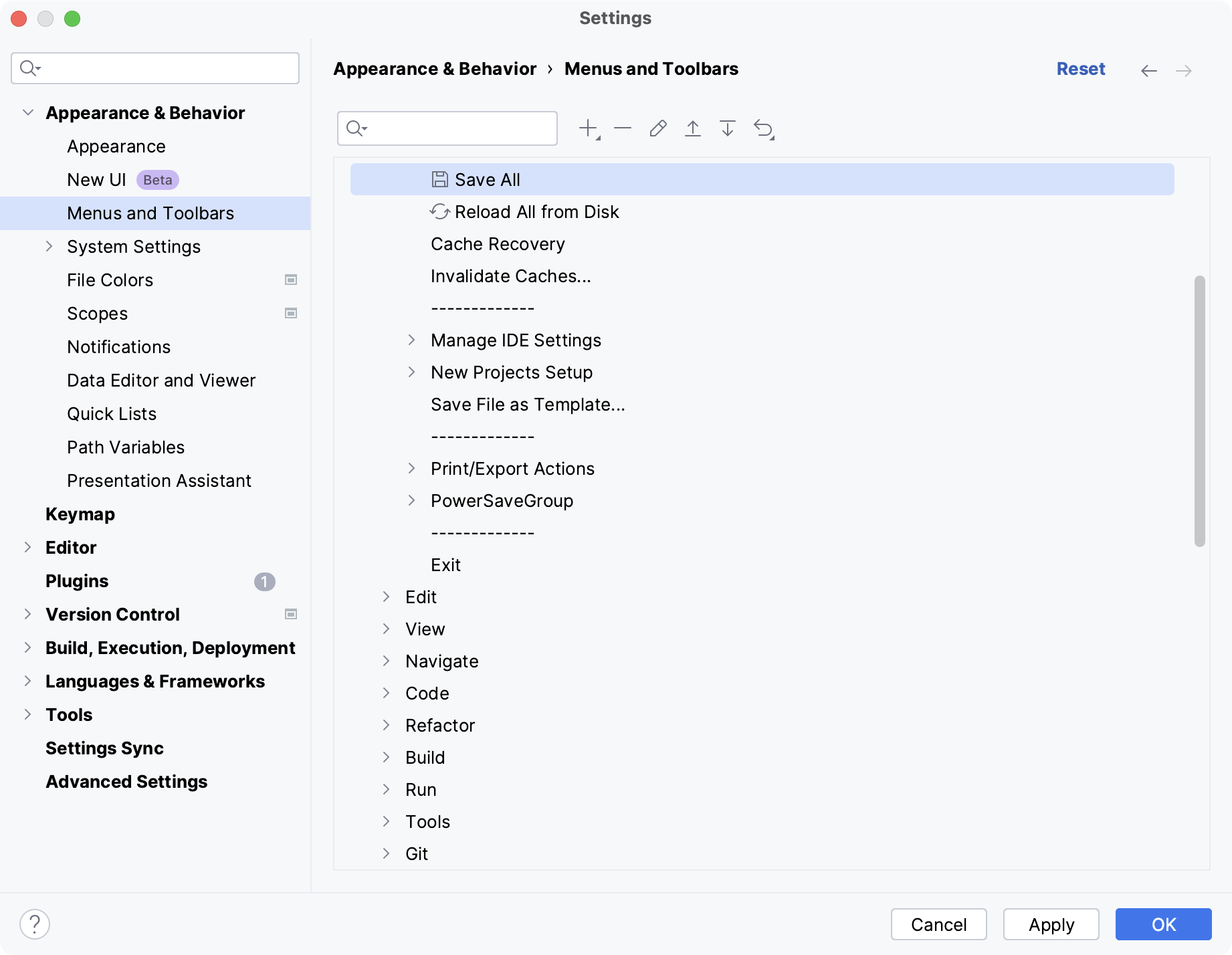 the Menus and Toolbars settings