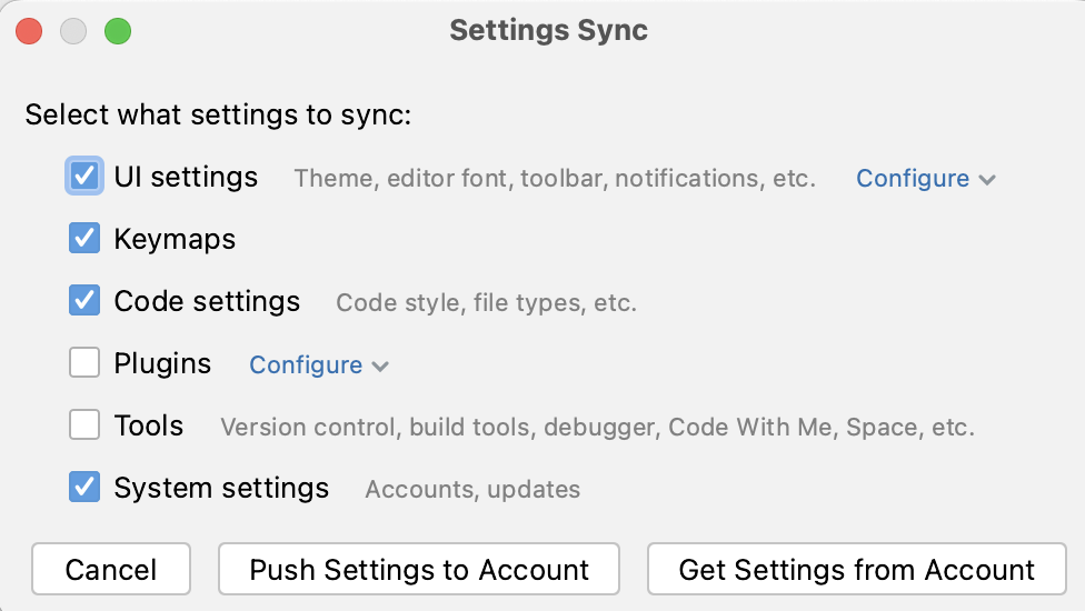 The Settings Sync window