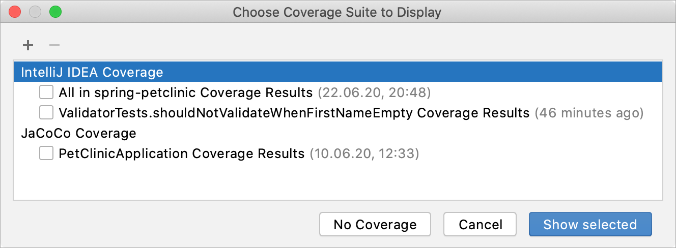 Choose Coverage Suite to Display dialog