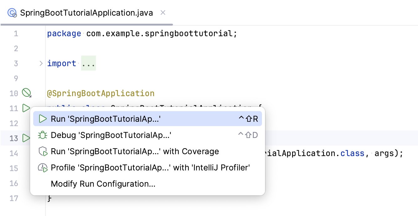Run Spring Boot application from the gutter