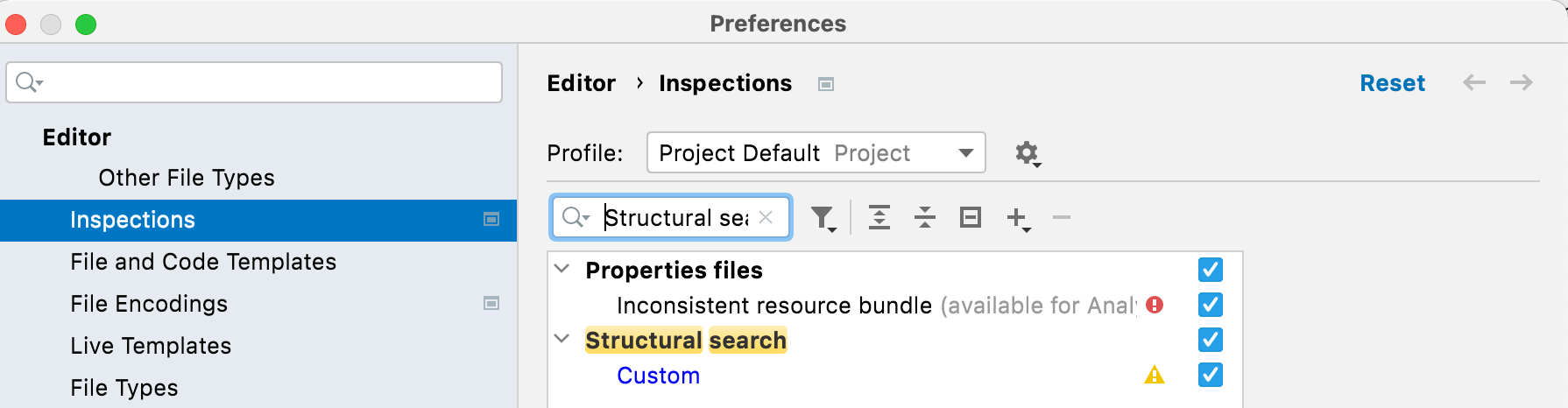 The Structural search and replace inspection shown in the settings