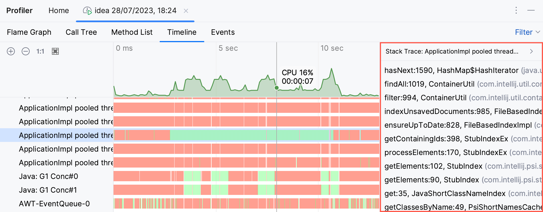 A panel opens showing the stack trace for the selected instant