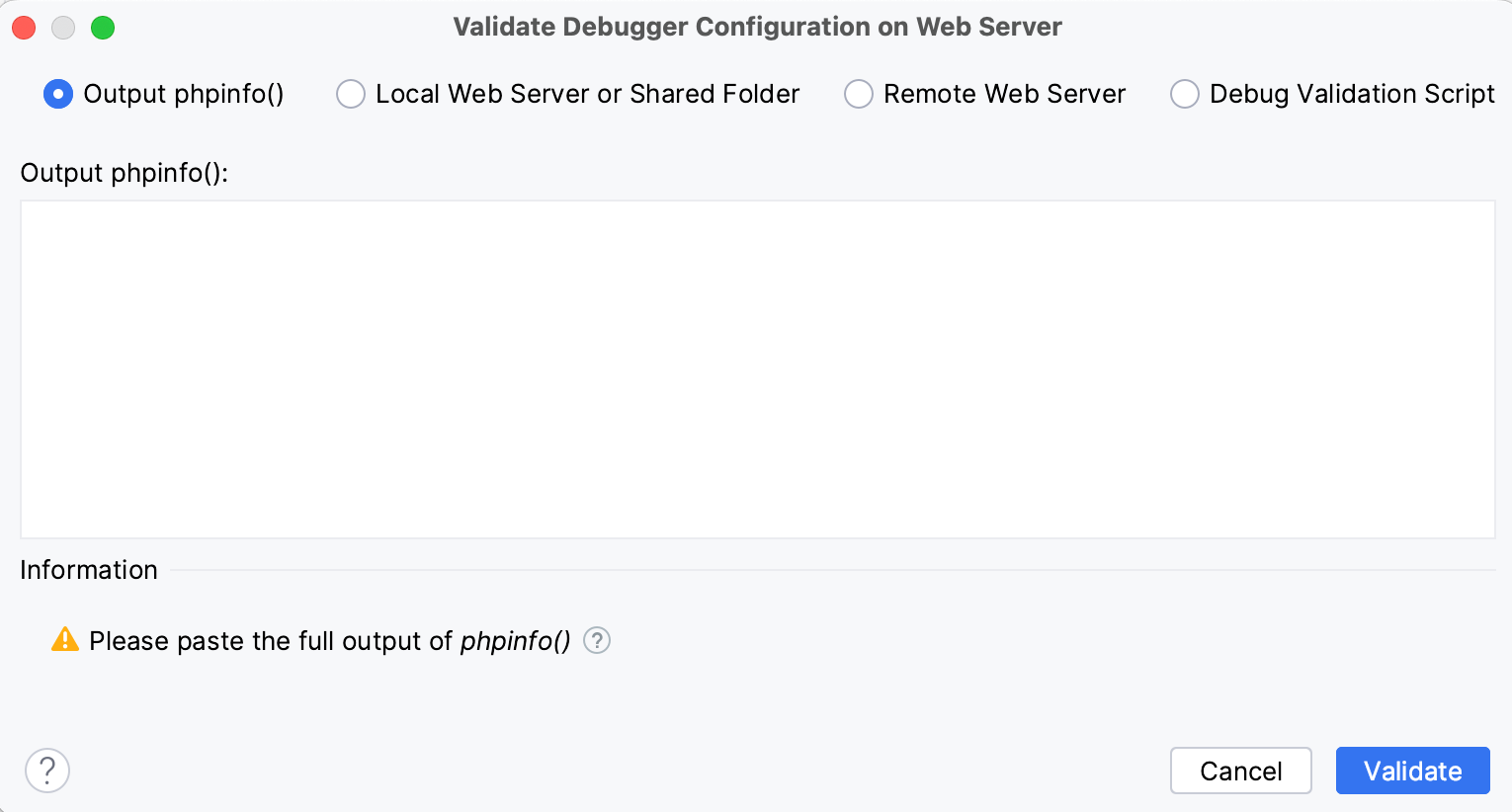 Validate Debugger Configuration on Web Server dialog
