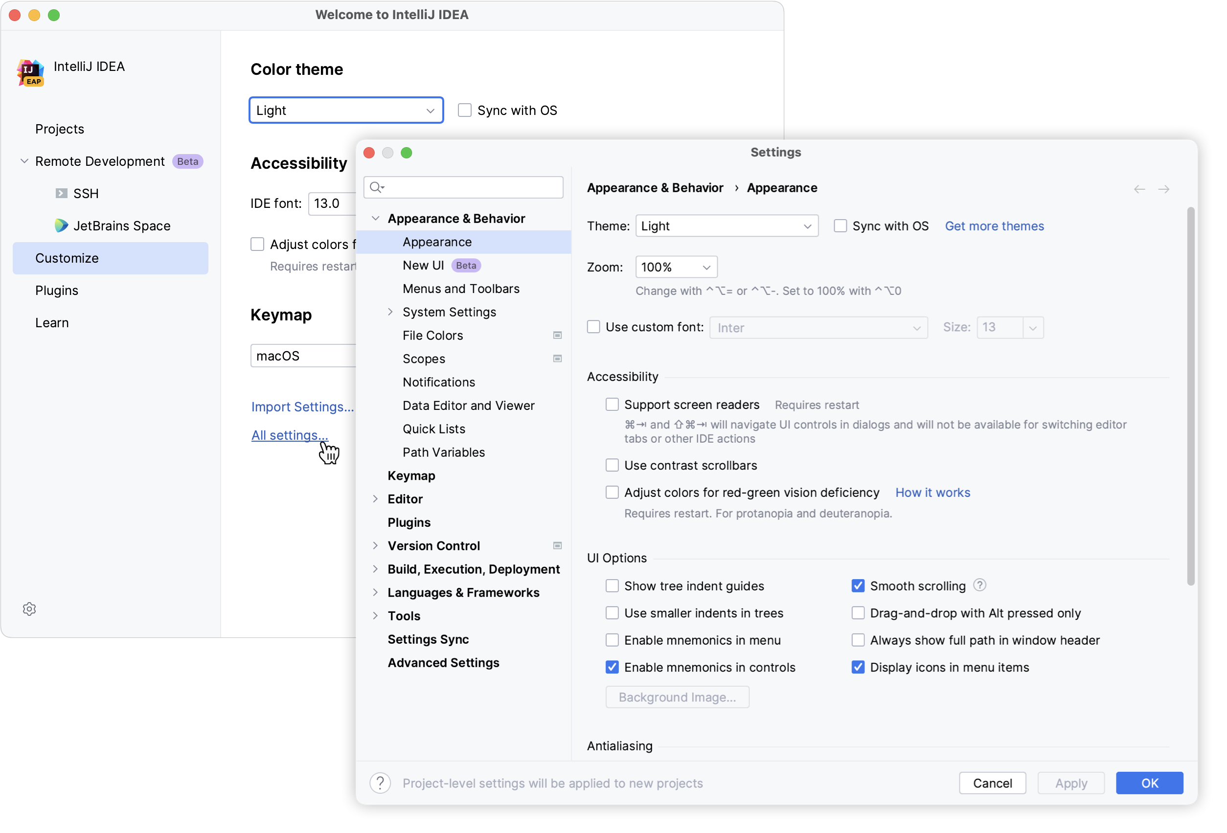 Configuring new default settings for projects