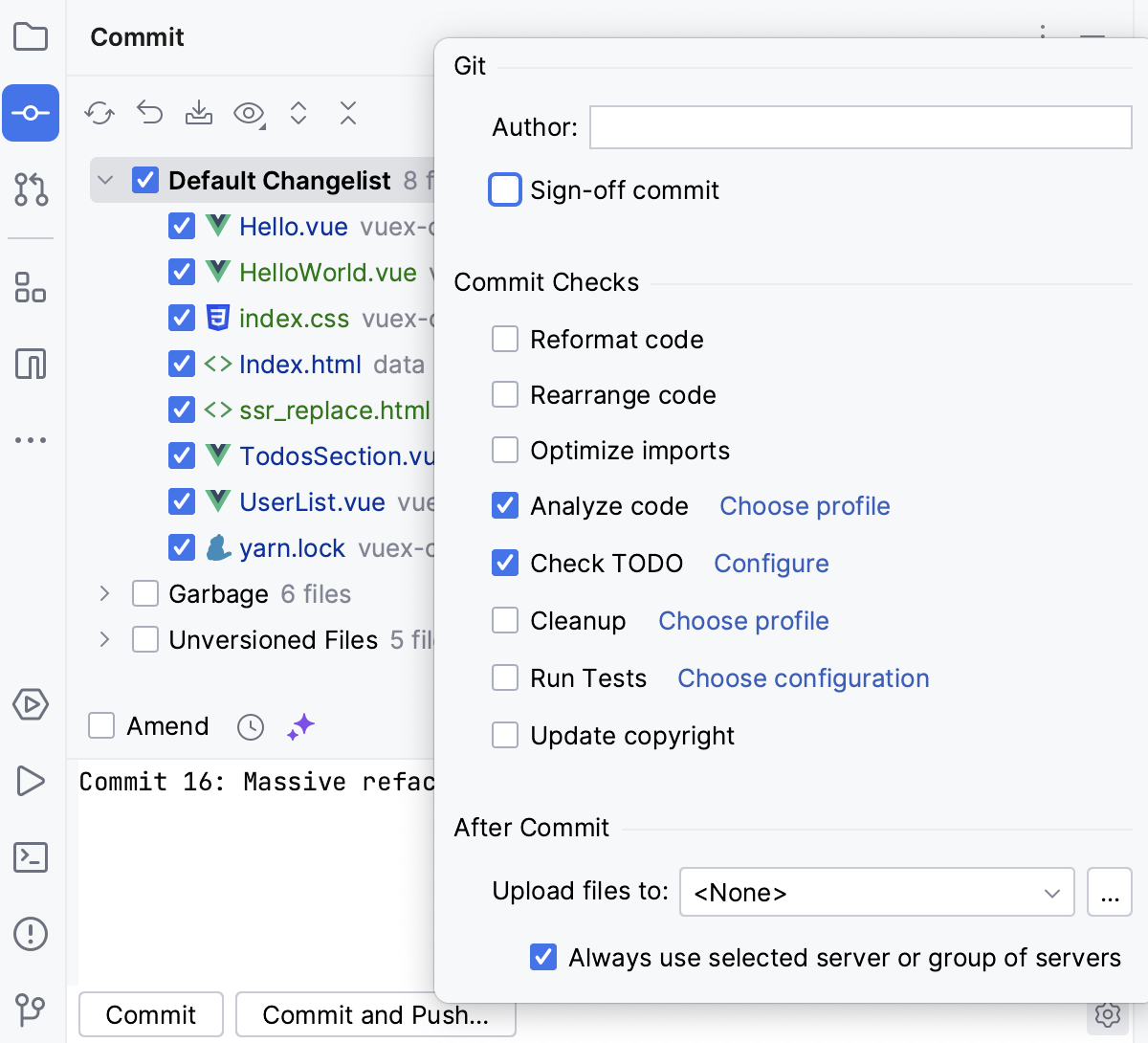 advanced commit options popup