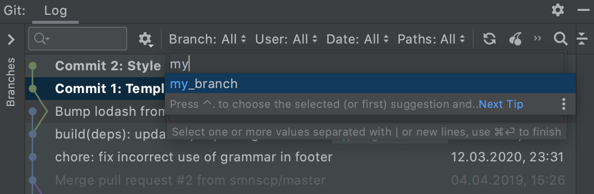 Filter log by branch