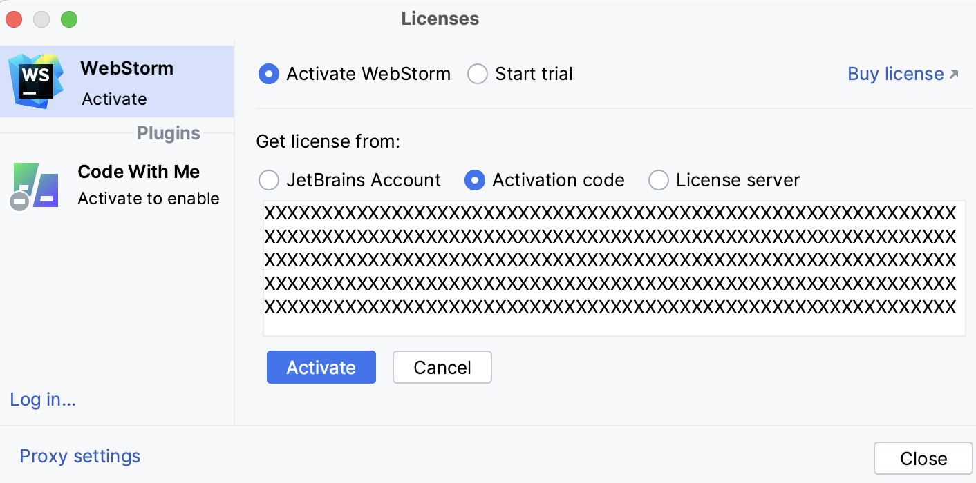 Activate WebStorm license with an activation code