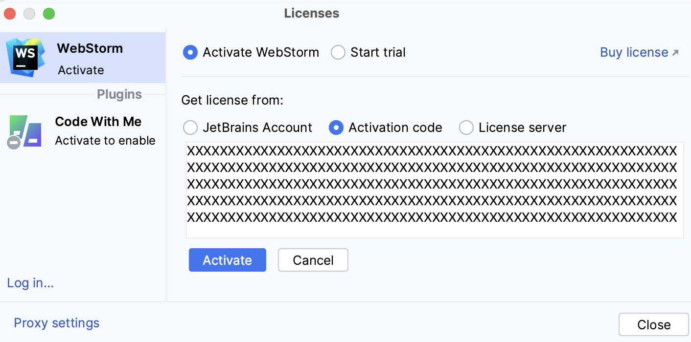 where to put offline activation code webstorm