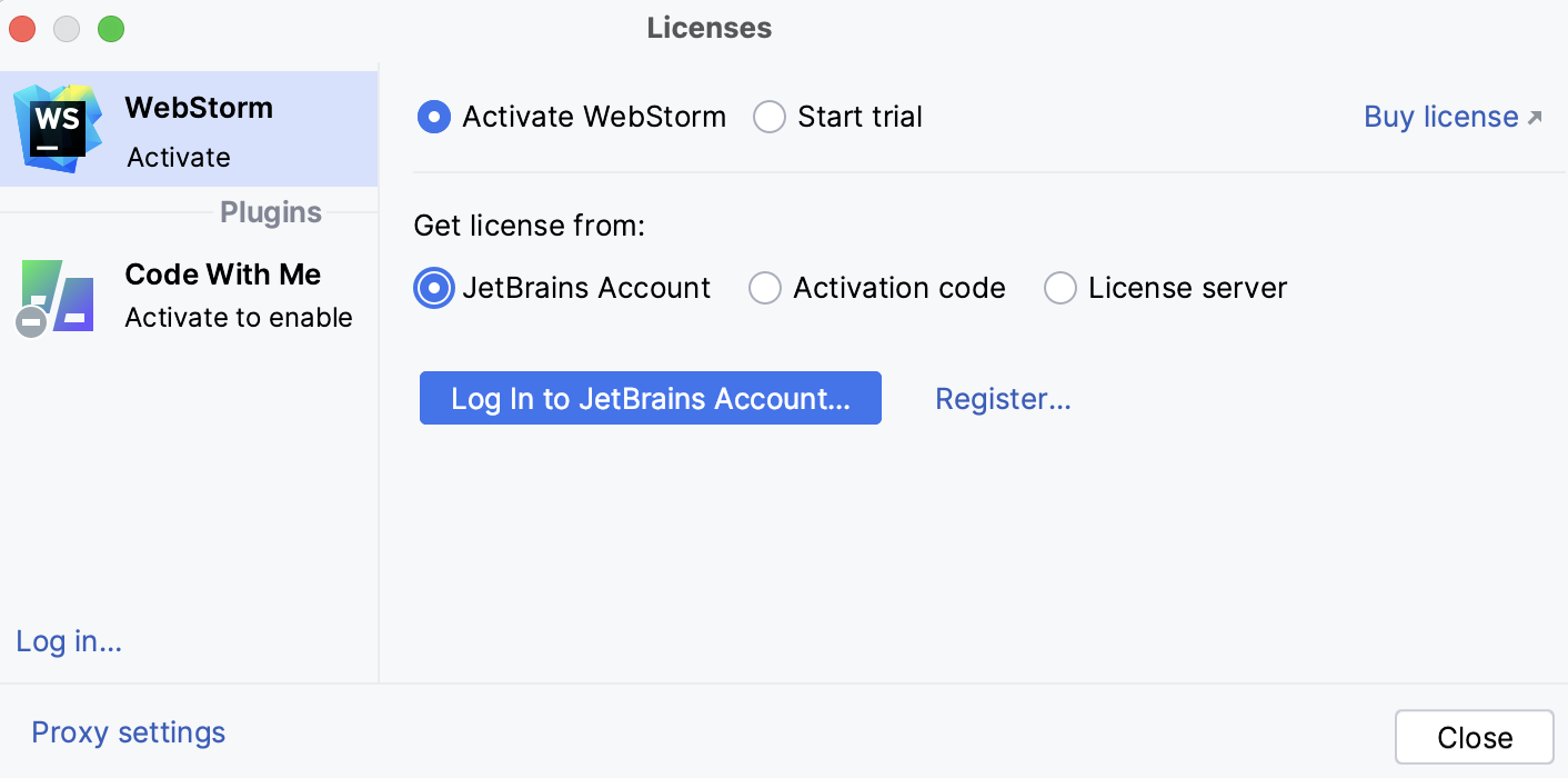 Activate WebStorm license with a JetBrains Account