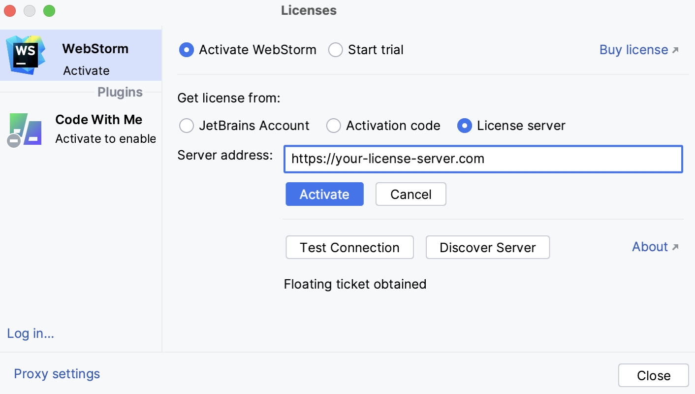 Activate WebStorm license with a license server