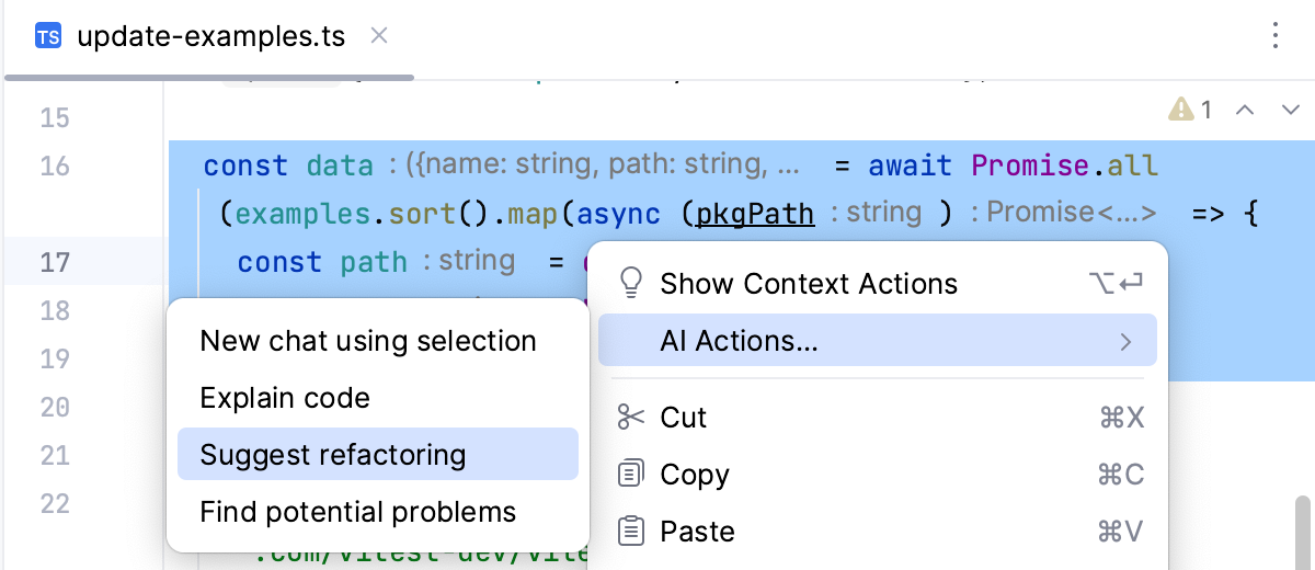 AI Assistant suggests refactoring, context menu