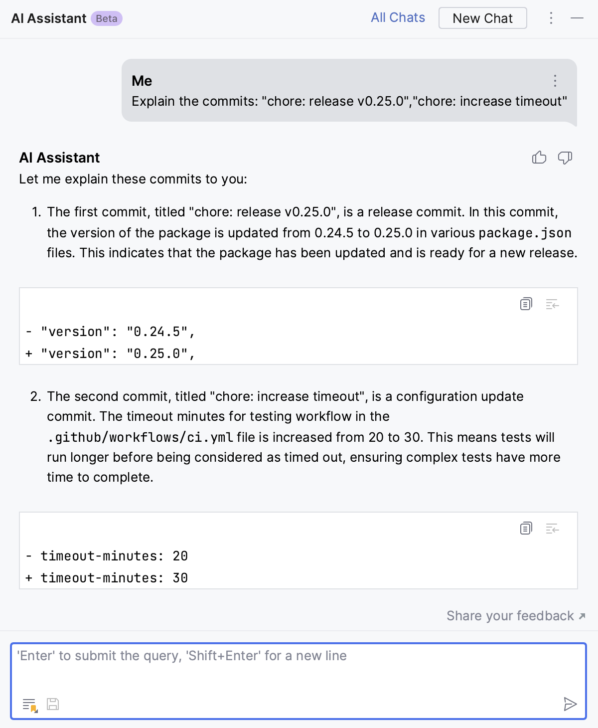 AI Assistant explains commit