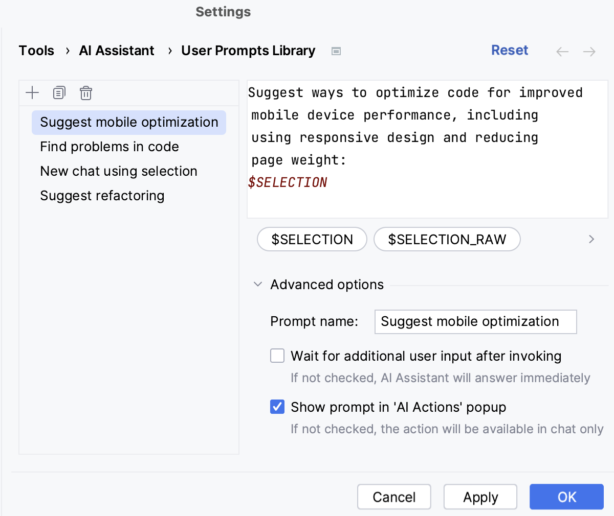 WebStorm: Custom prompt parameters