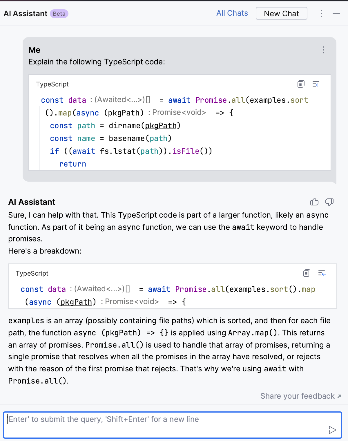 WebStorm AI Assistant explains code