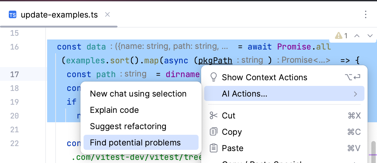 AI Assistant finds potential problems, context menu