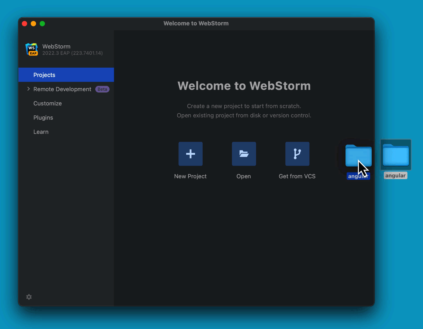 Creating a new WebStorm project by dragging a folder to the Welcome Screen