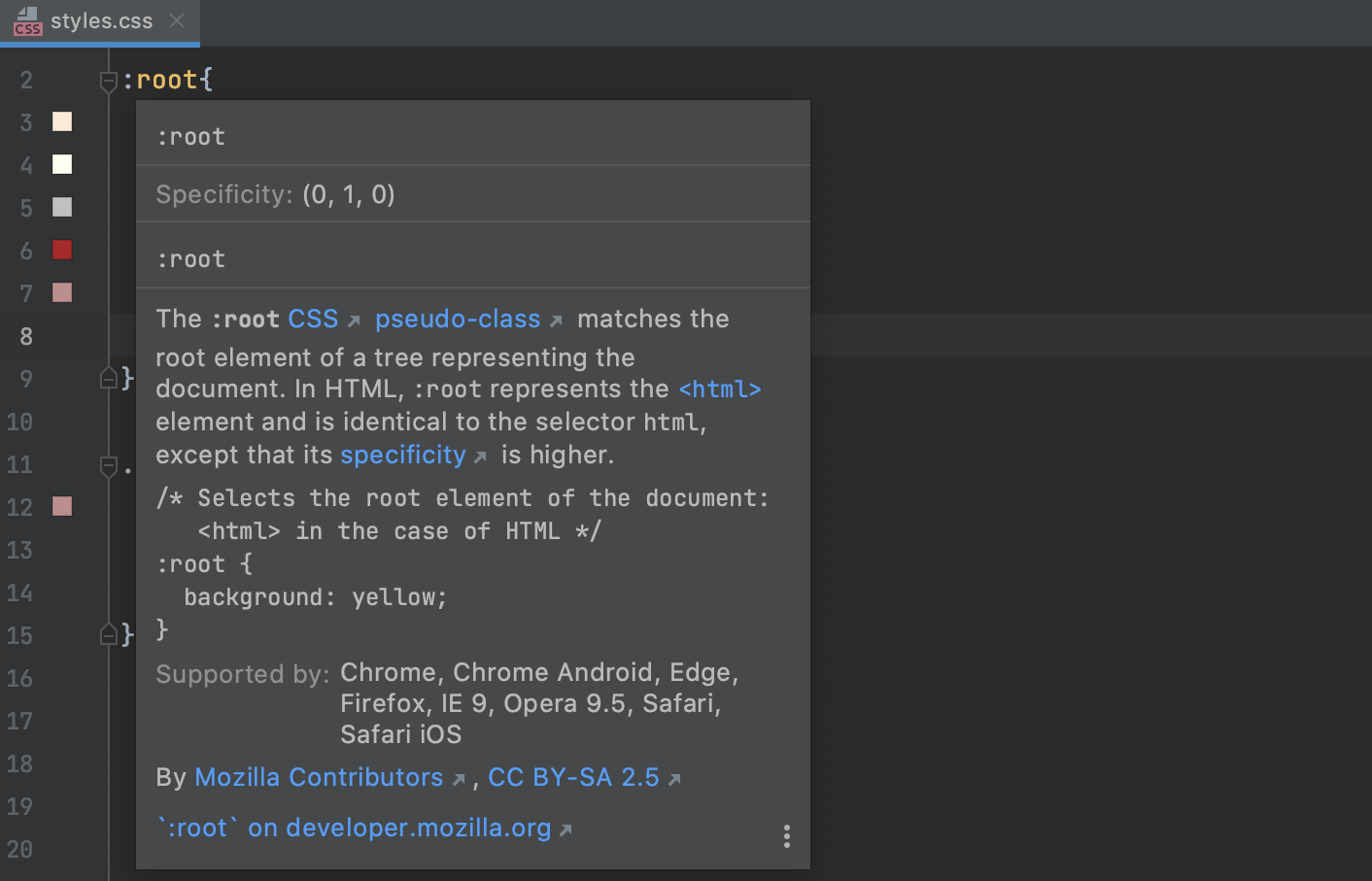 Documentation look-up: specificity fpr selectors