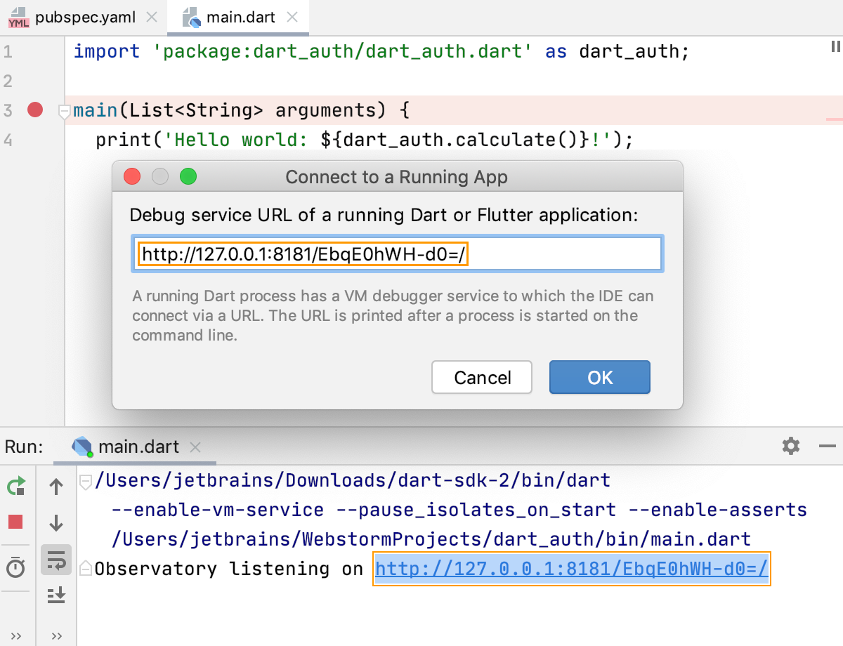 Dart: remote debugging. Paste URL and token