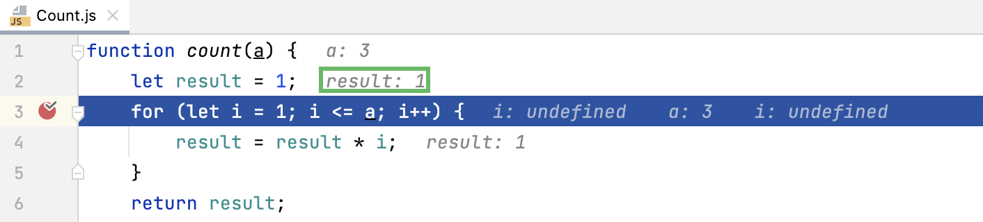 Variable values are displayed at the lines where they are used