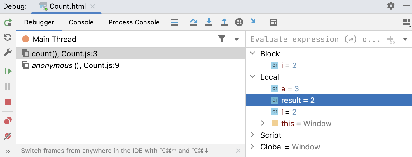 Debug tool window overview