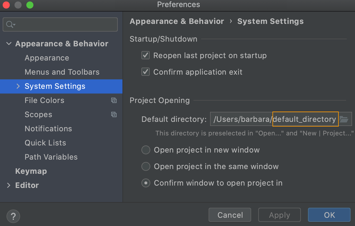 Changing the default location for projects