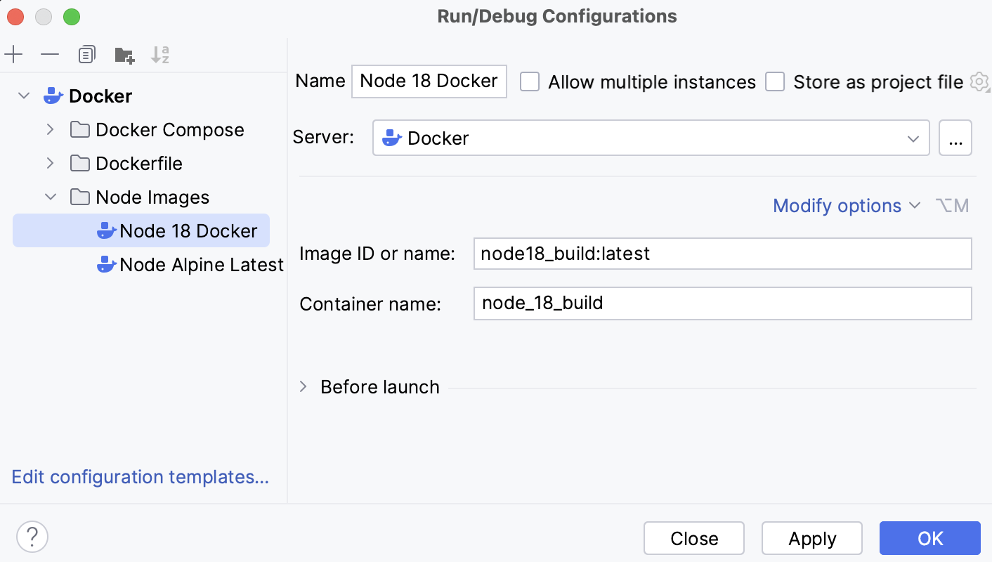 Docker Image run configuration dialog