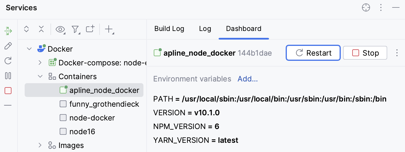 The Dashboard tab of a container selected in the Services tool window